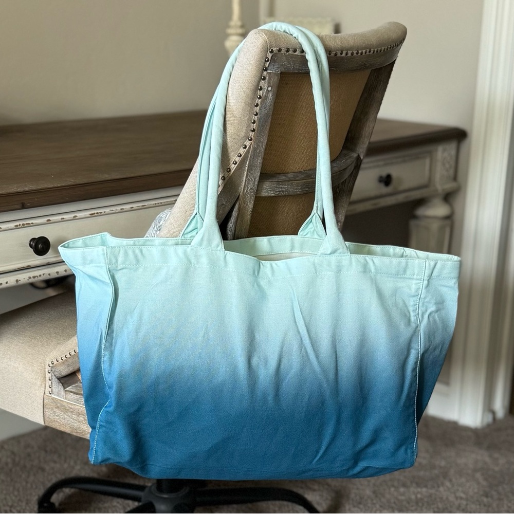 ATHLETA Blue Teal Ombre Cotton Canvas Large Tote Bag 19" x 13" - Picture 5 of 5